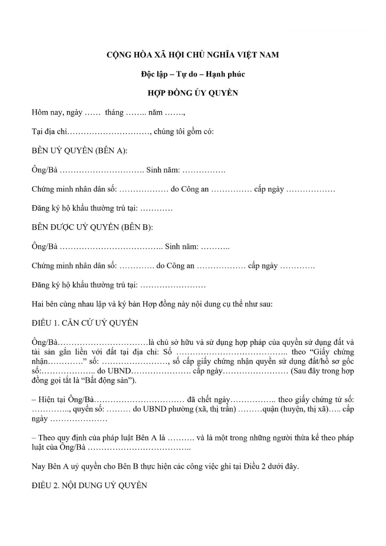 Mẫu giấy ủy quyền thừa kế