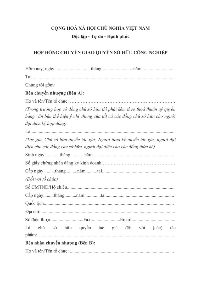 Hợp đồng chuyển nhượng quyền sở hữu công nghiệp chuẩn theo quy định mới nhất