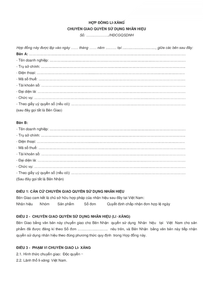 Mẫu hợp đồng chuyển quyền sử dụng nhãn hiệu