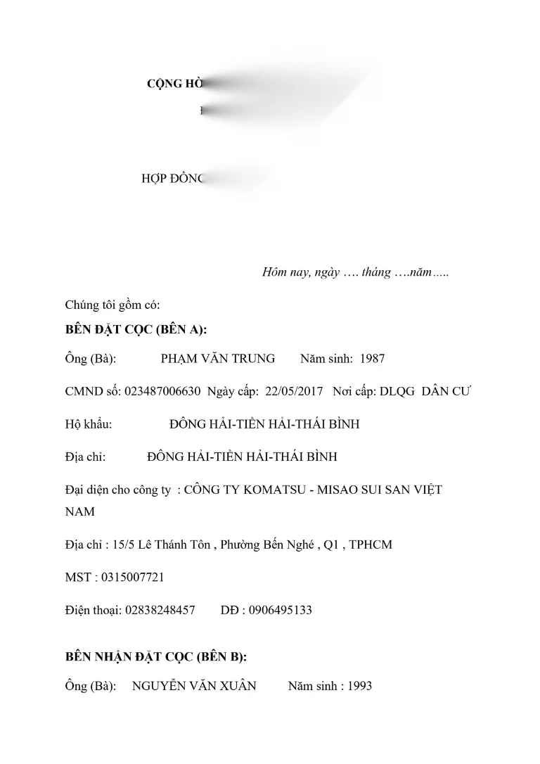 Mẫu hợp đồng đặt cọc mua bán hàng hóa