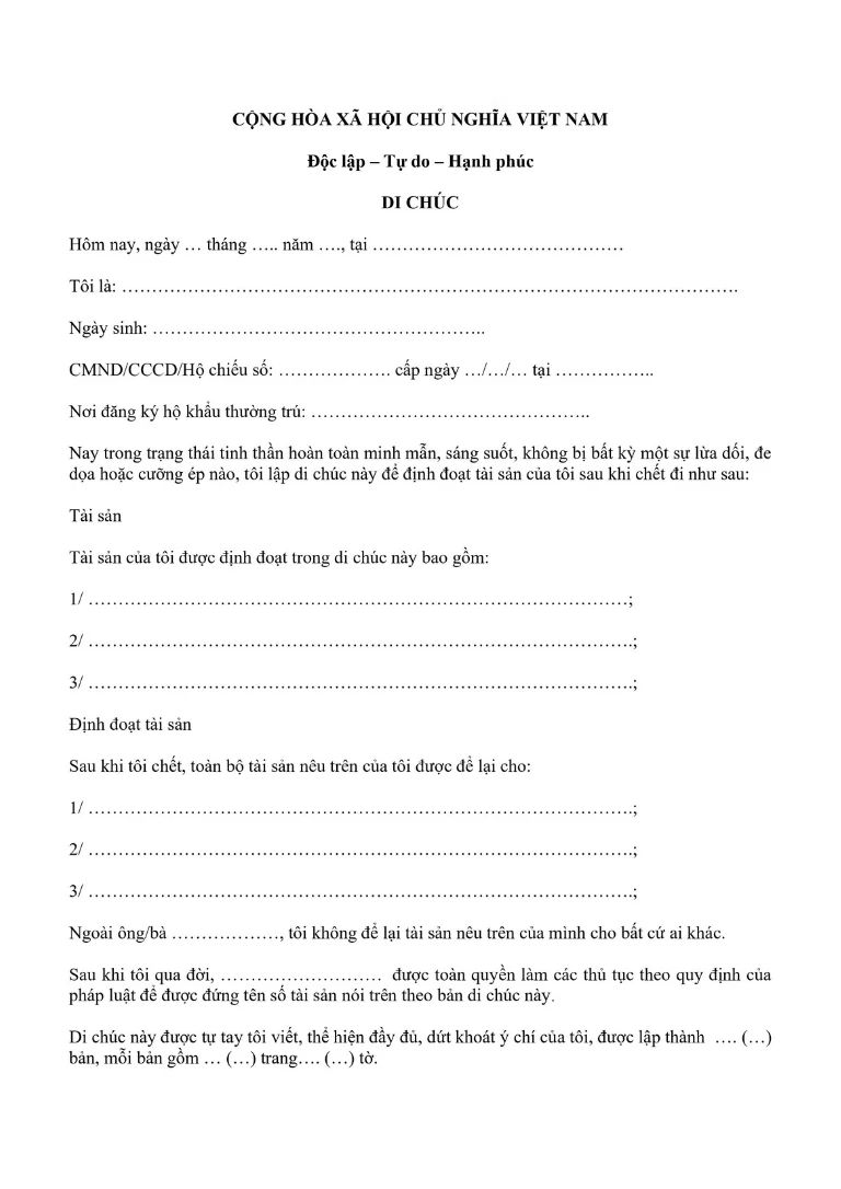 Mẫu di chúc không cần công chứng