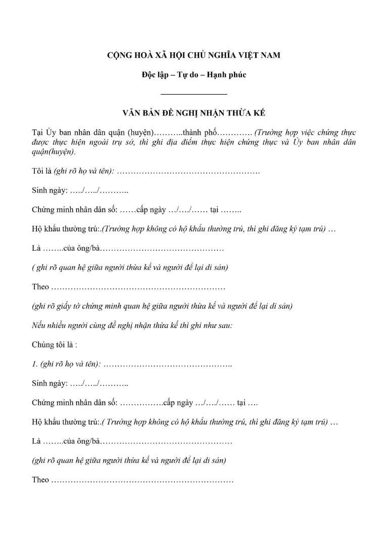 Mẫu đơn xin xác nhận quyền thừa kế