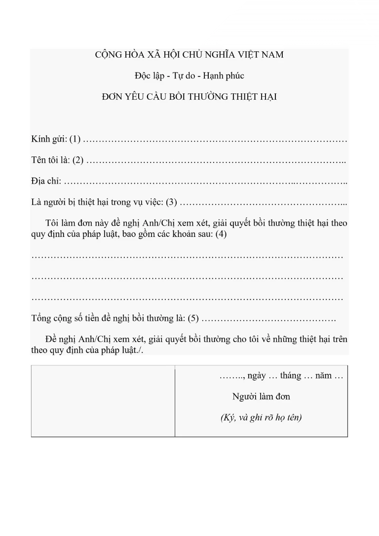 Mẫu đơn yêu cầu bồi thường thiệt hại mới nhất