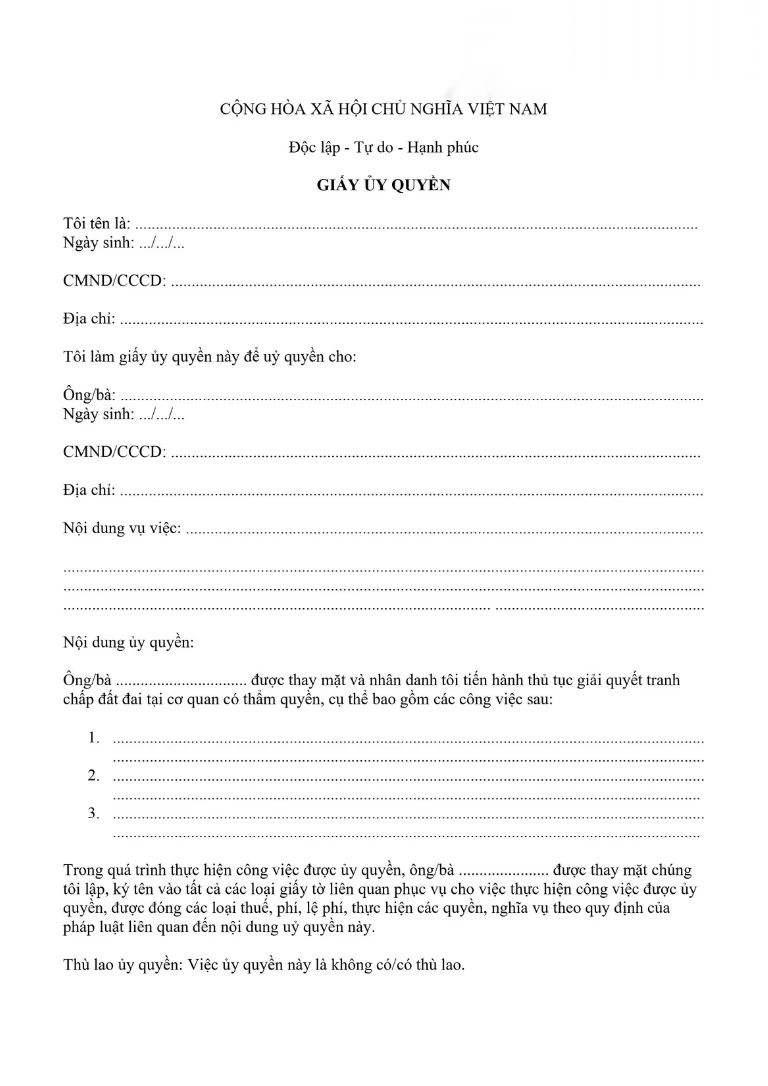 mau giay uy quyen giai quyet tranh chap dat dai image 01