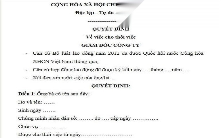 Mẫu quyết định nghỉ việc hưởng bảo hiểm thất nghiệp
