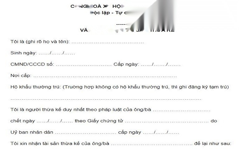 Mẫu văn bản khai nhận di sản thừa kế