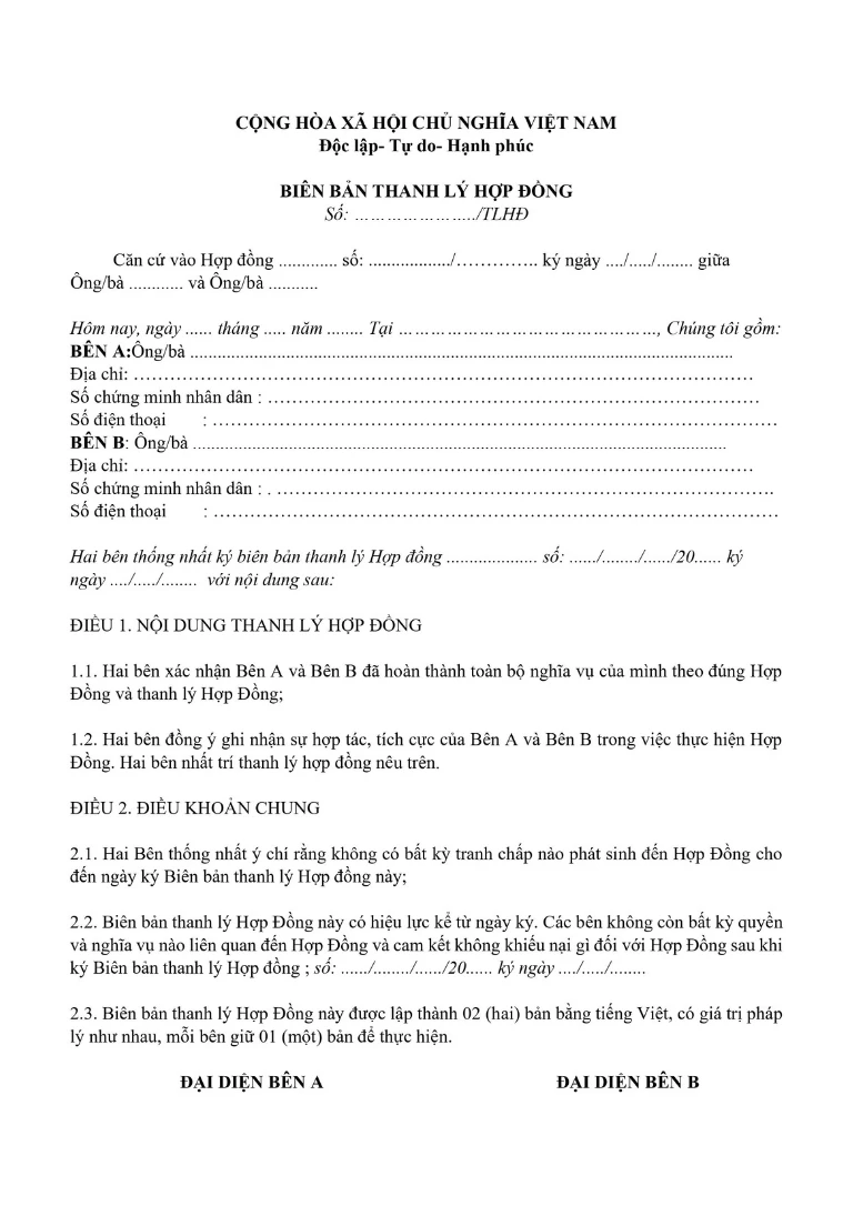 Mẫu biên bản thanh lý hợp đồng chuẩn theo quy định pháp luật