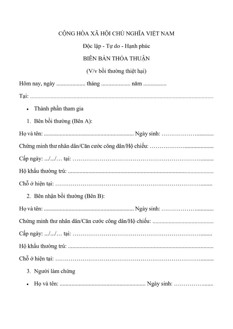 Mẫu biên bản thỏa thuận bồi thường thiệt hại